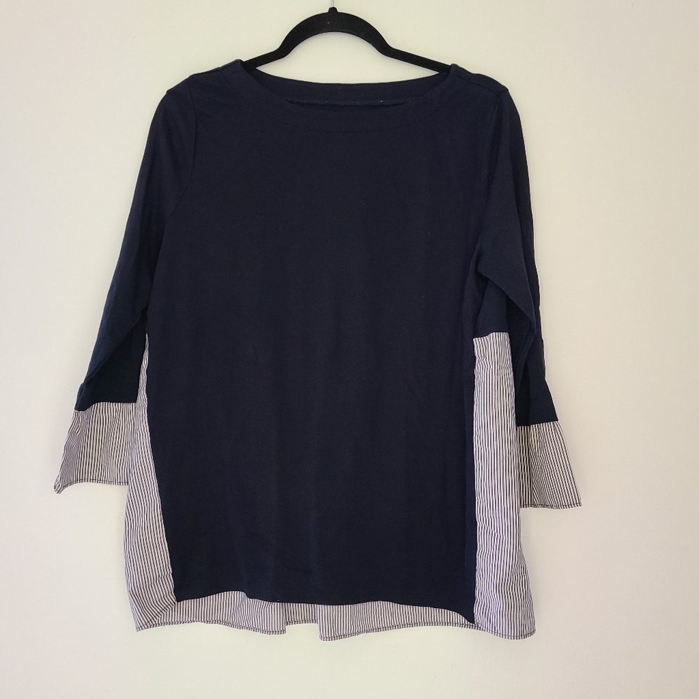 LOFT navy knit top with navy and white stripes